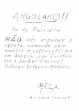 Panfleto do MPLA apelando a não se ir esperar o general Silvino Silvério Marques