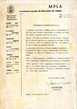 Declaração da Direcção do MPLA, assinado por Agostinho Neto