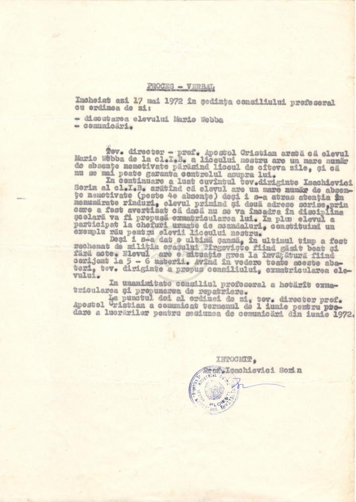 «Proces-verbal: Incheiat azi 17 mai 1972 in sedinta consuliului…»