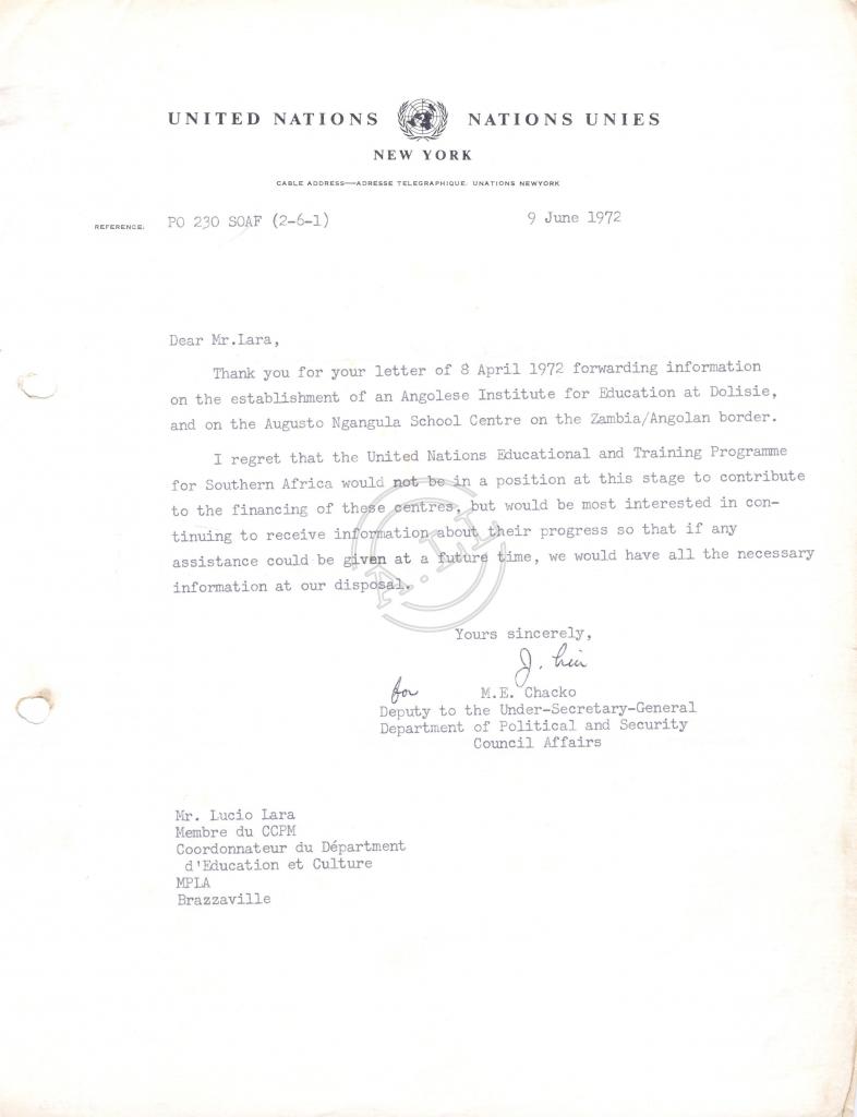Carta de M. E. Chacko (ONU) a Lúcio Lara