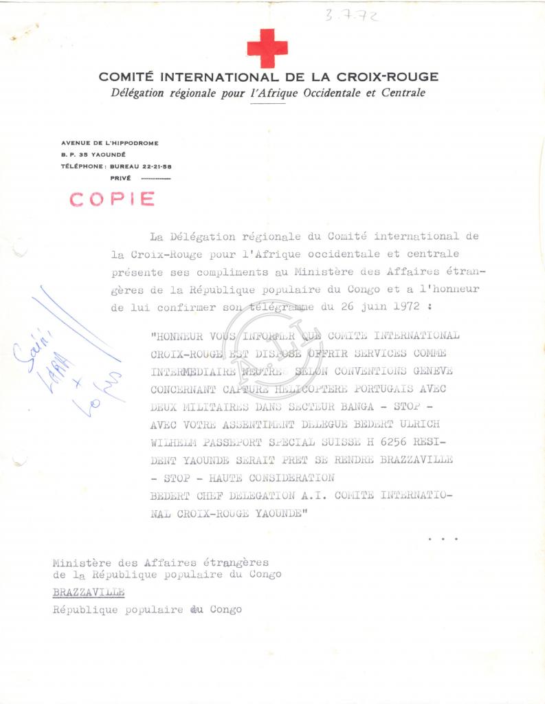 Cópia da carta do CICR ao Min. Negs. Estrang. do RPC