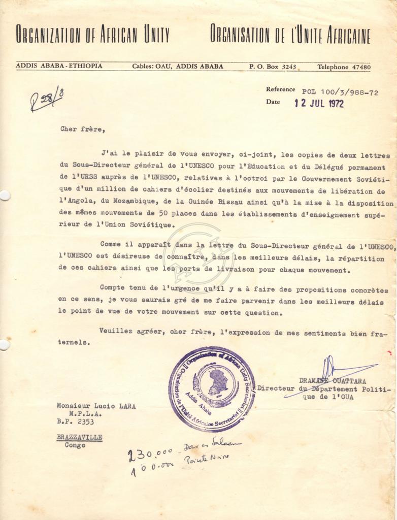 Carta de Dramane Ouatarra (OUA) a Lúcio Lara