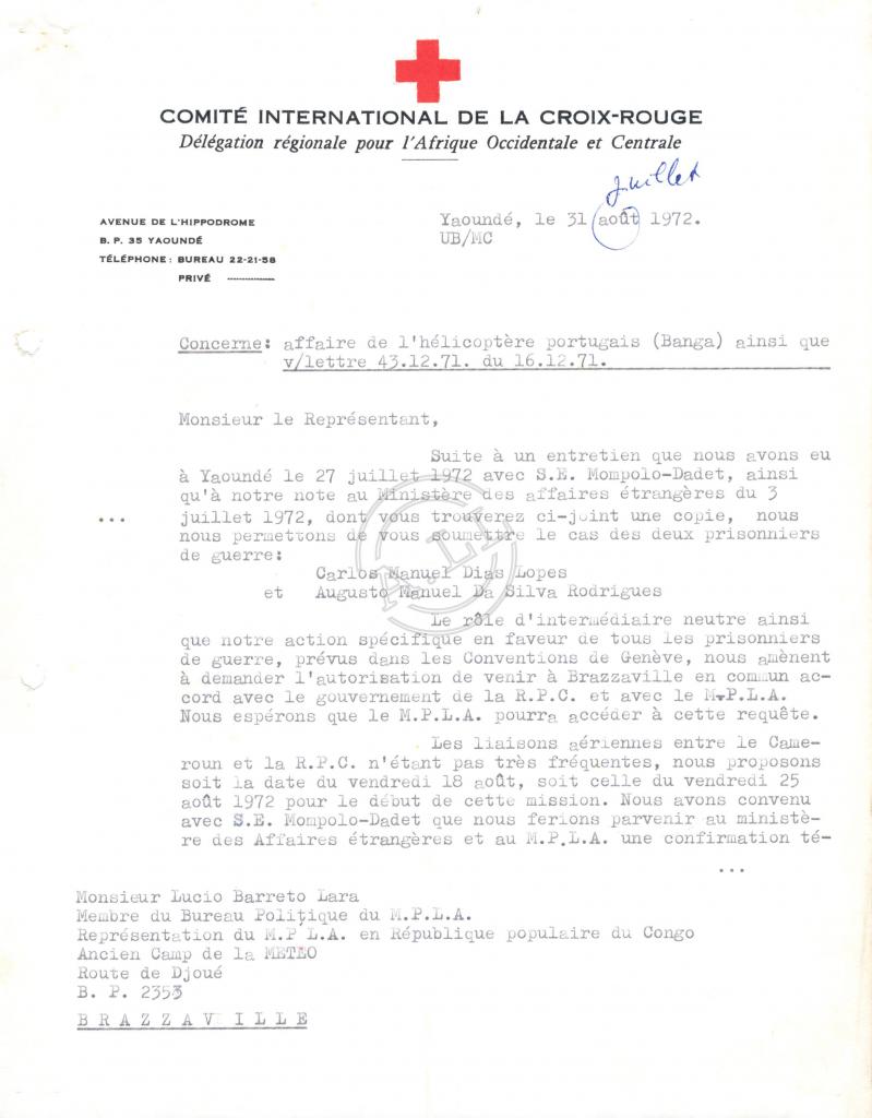 Carta de U. Bedert (CICR) a Lúcio Lara