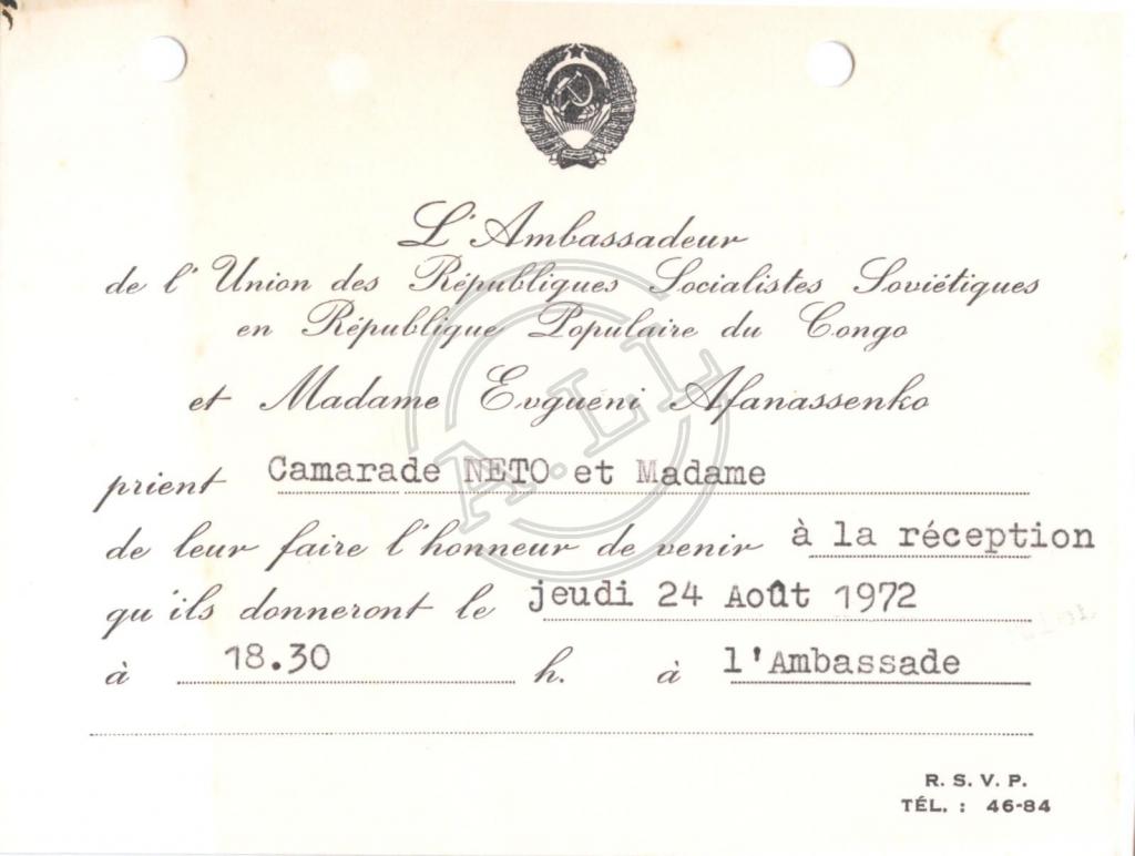 Convite da Embaixada da URSS na RPCongo a Agostinho Neto