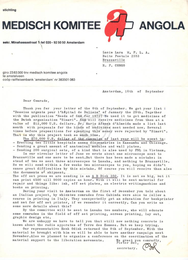 Carta de Pieter Bol (Medisch Komitee Angola) a Lúcio Lara
