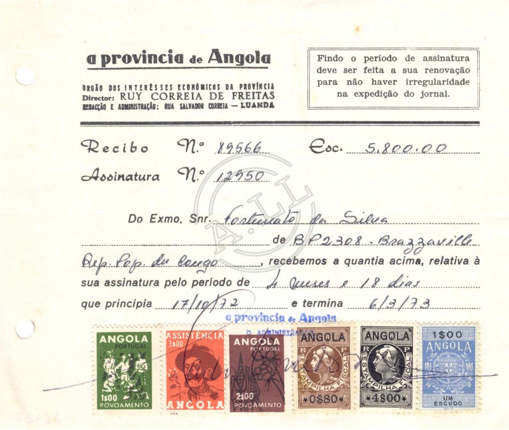 Recibo nº 89566 da assinatura de «A Província de Angola»