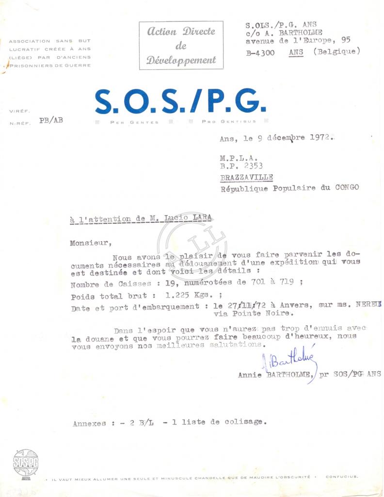 Carta de Annie Bartholomé (SOS/PG) a Lúcio Lara
