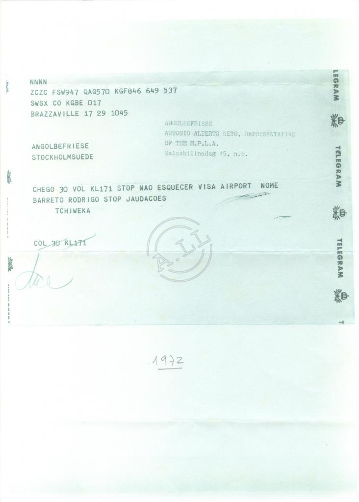 Telegrama de Tchiweka a Alberto Neto (Angolbefriese)