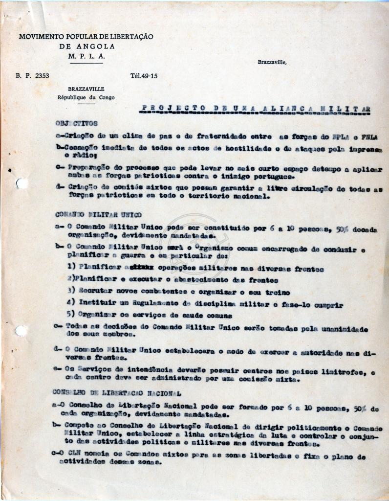 Documento do MPLA «Projecto de uma aliança militar»