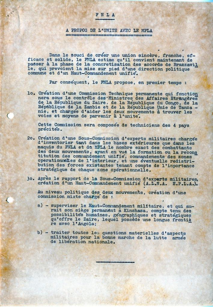 Documento da FNLA «A propos de l’unité avec le MPLA»