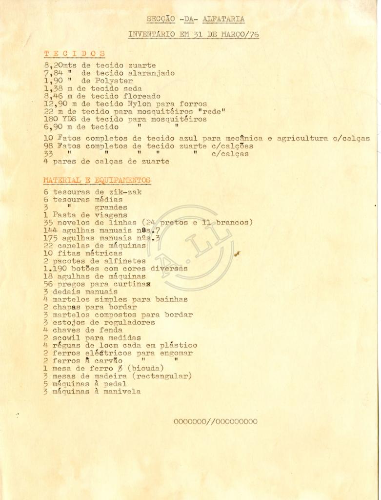 Secção da Alfaiataria – Inventário em 31 de Março/76 (IEA – Dolisie)
