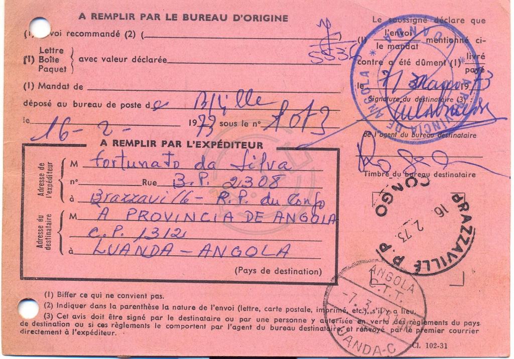 Aviso de recepção de pagamento dos Correios de Brazzaville