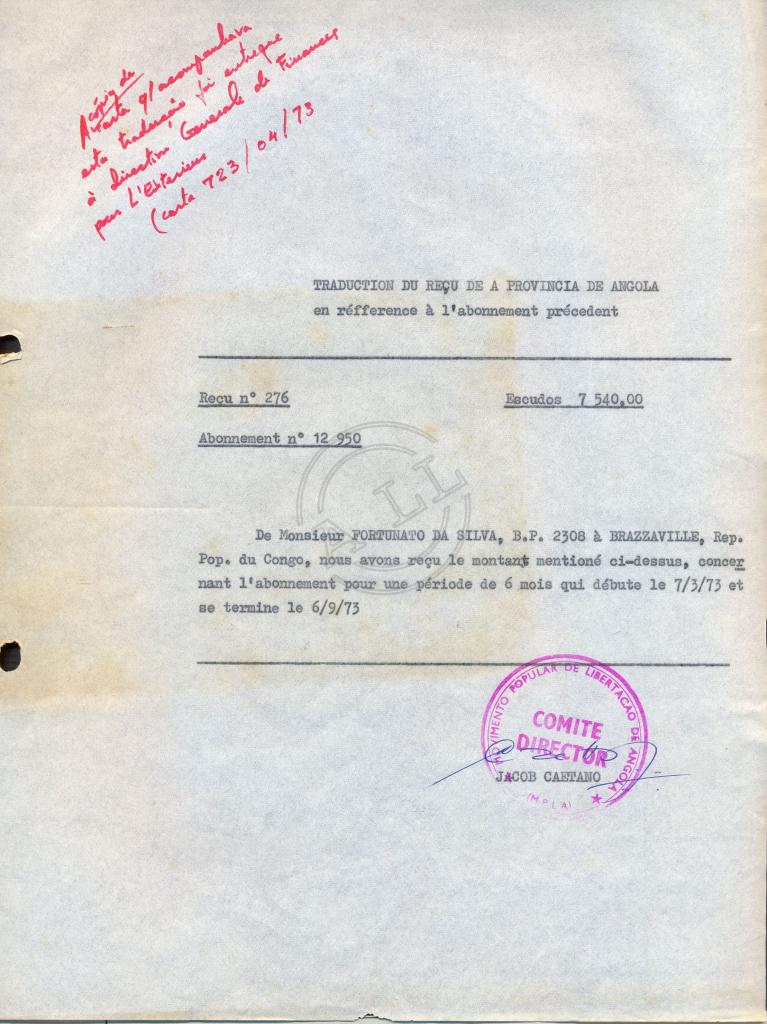 Tradução do Recibo da assinatura do jornal «A Província de Angola»