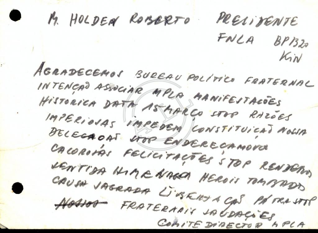 Telegrama do Comité Director do MPLA do MPLA a Holden Roberto