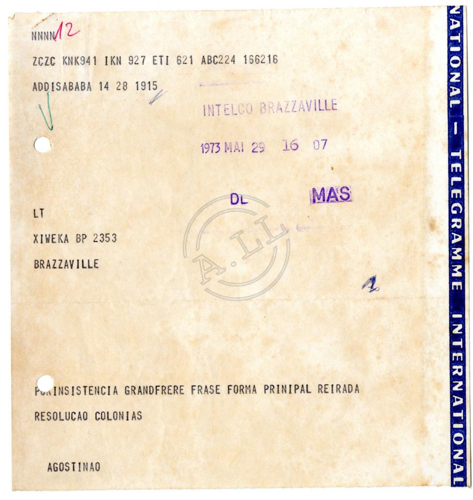 Telegrama de «Agostinao» a Tchiweka