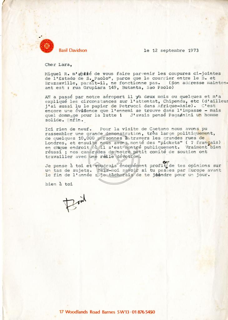 Carta de Basil Davidson a Lúcio Lara.