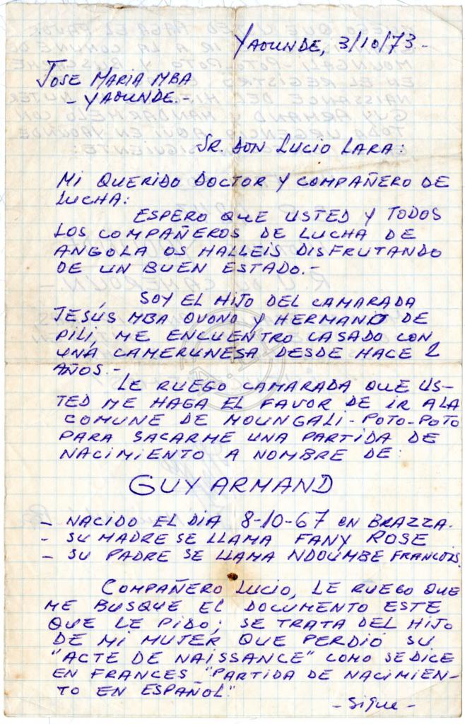 Carta de José Maria Mbá «Pepe» a Lúcio Lara