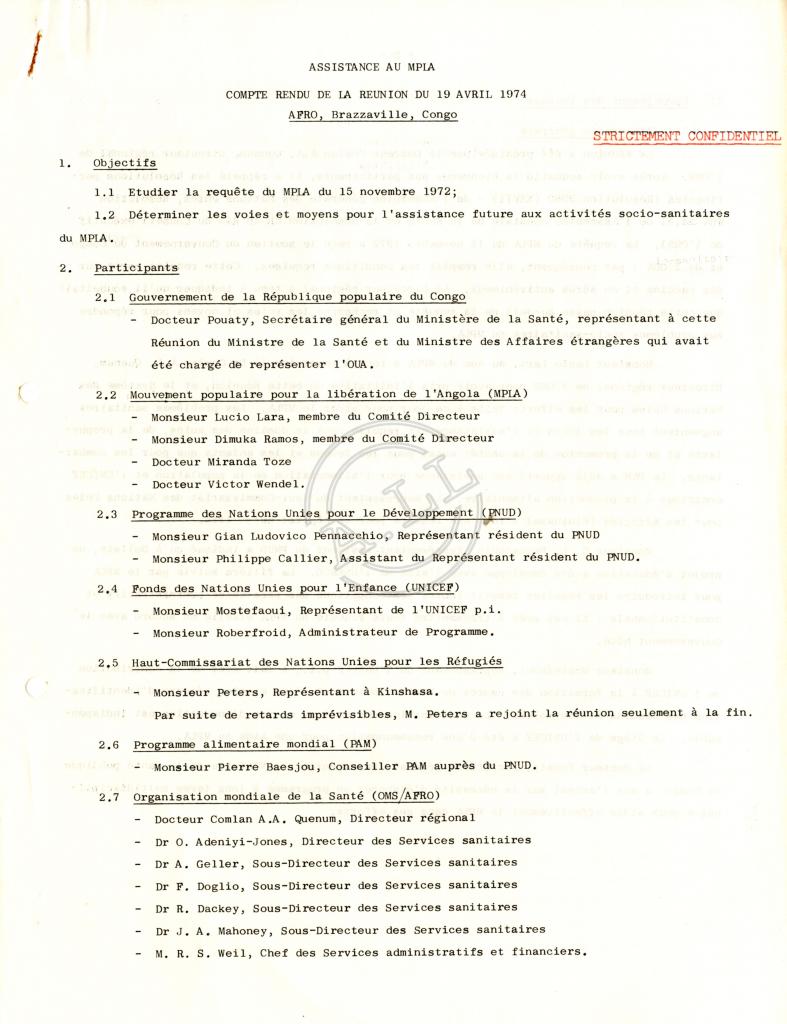 Assistance du MPLA - Compte rendu de la reunion du 19 Avril 1974, AFRO