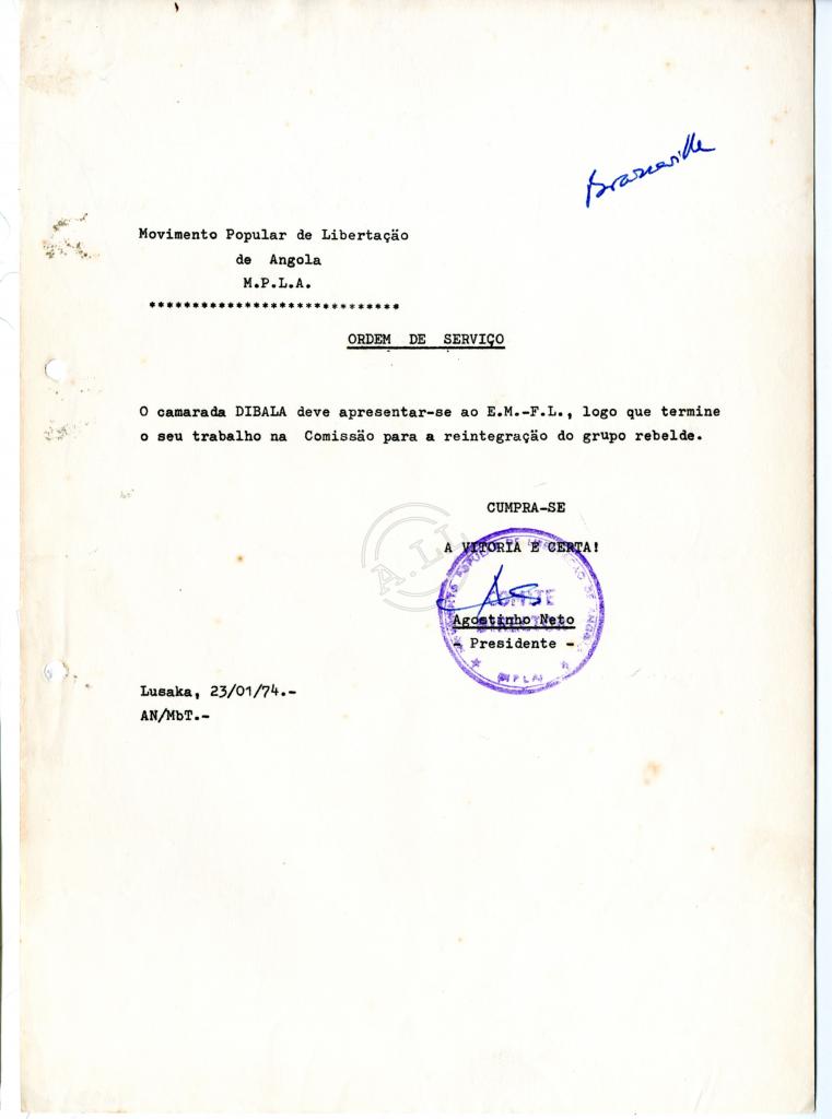 Ordem de serviço para «Dibala», assinada por Agostinho Neto.