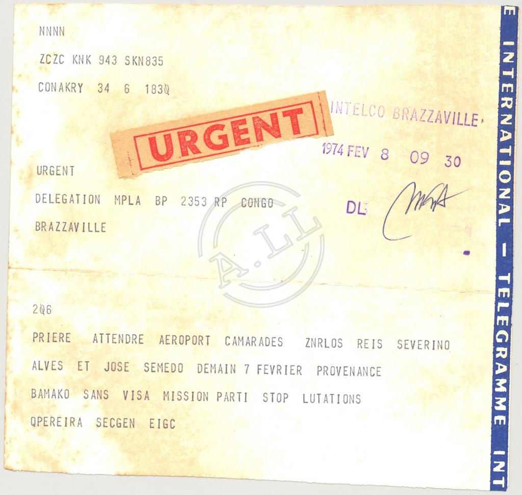Telegrama de Arisitdes Pereira(?) ao MPLA-Brazzaville