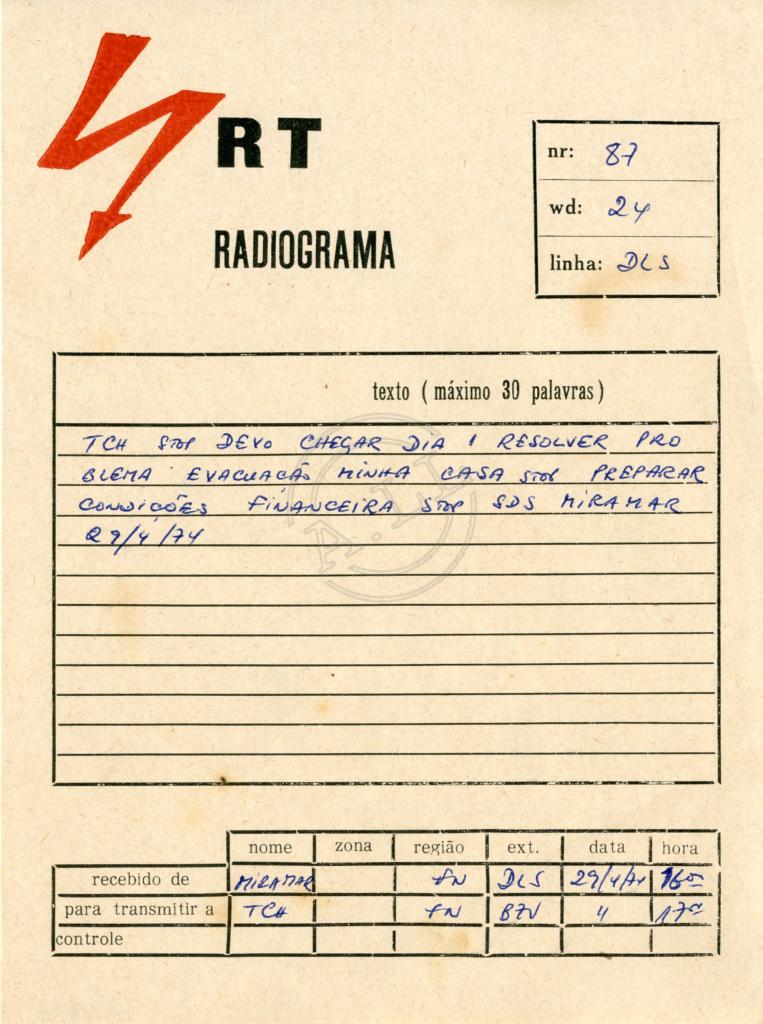 Radiograma de «Miramar» a «Tchiweka»