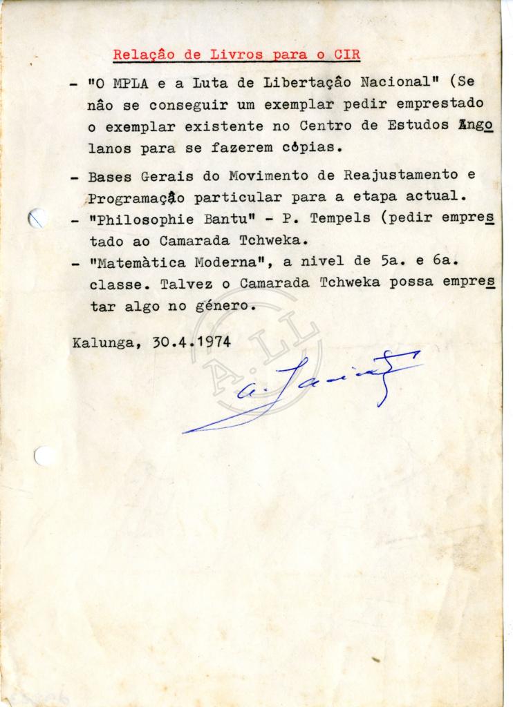 Relação de livros para o CIR, assinado por António Jacinto