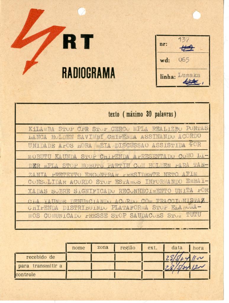Radiograma da CPR «Tutu» a «Kilamba»