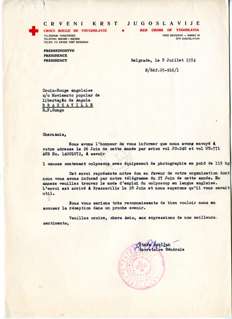 Carta de Stefa Spiljak (Secretário-geral da Cruz Vermelha jugoslava)