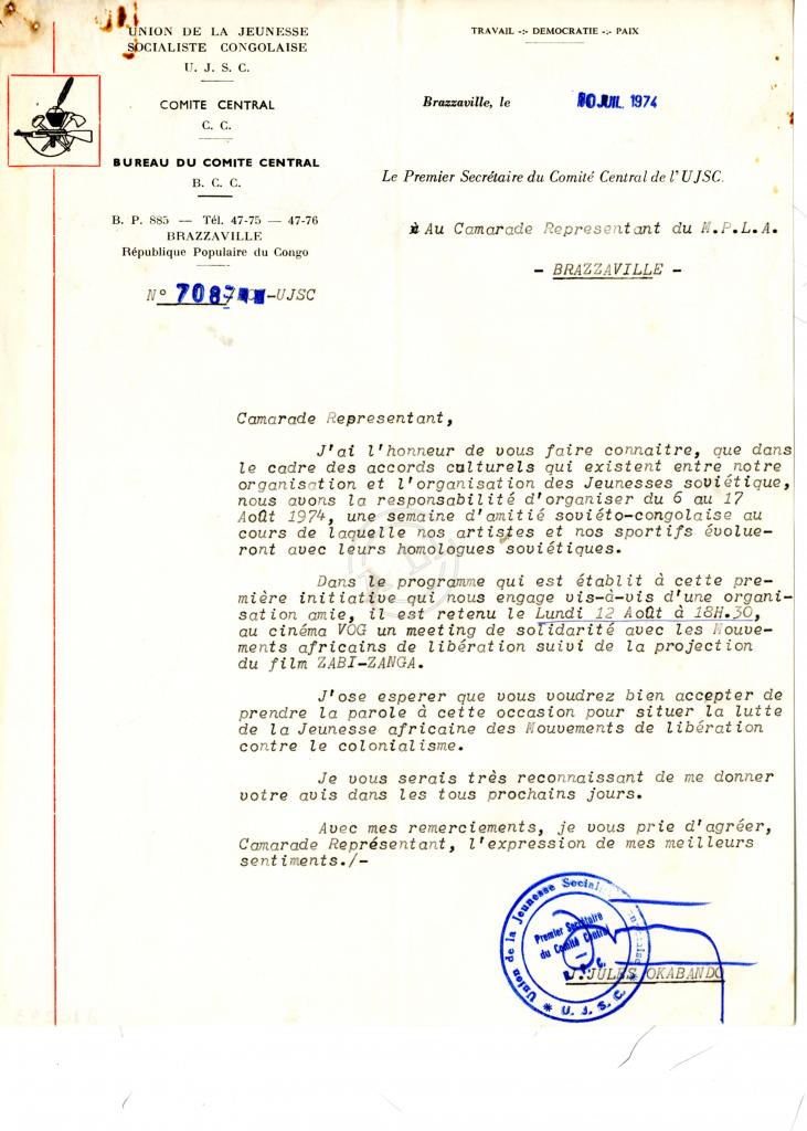 Carta de J. Jules Okabando ao MPLA