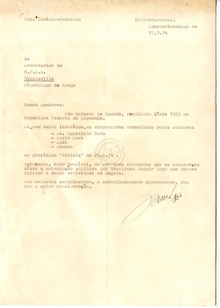Carta de Luís Damásio Carneiro ao MPLA