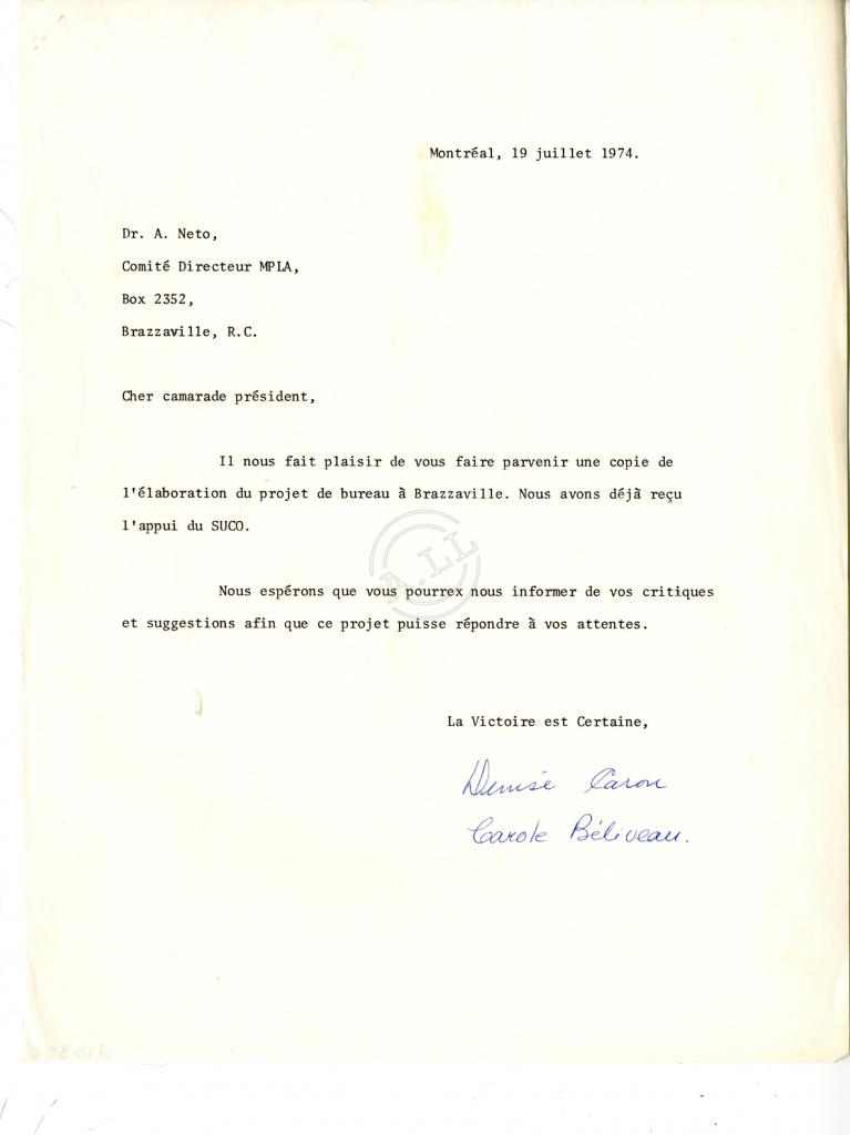 Carta de Denise Caron e Carole Béliveau a Agostinho Neto