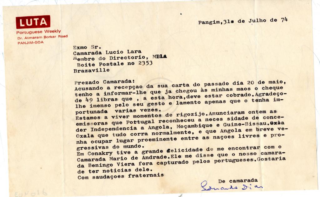Carta de Leonardo(?) Dias a Lúcio Lara