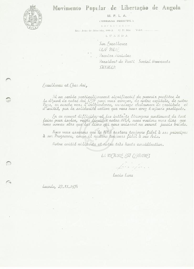 Carta de Lúcio Lara a Olof Palme
