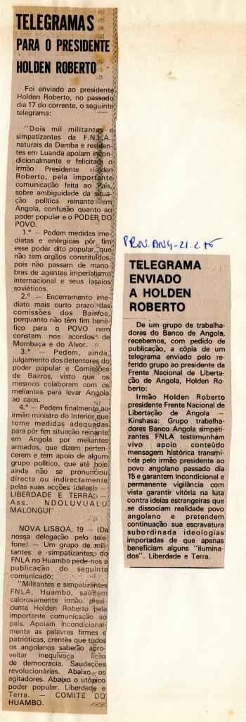 Telegramas de apoio para presidente Holden Roberto